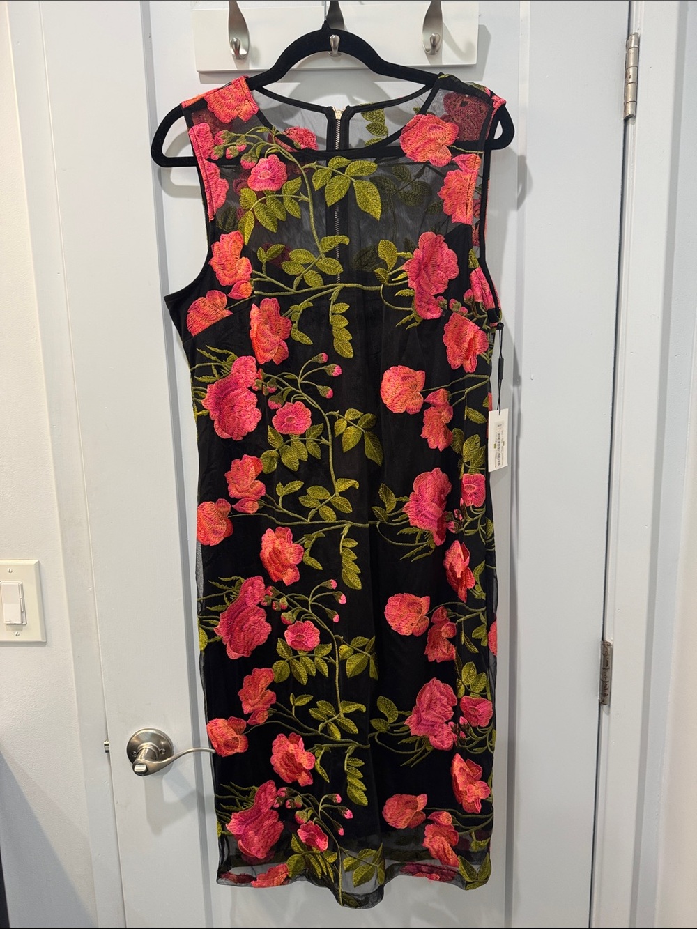 Calvin Klein Black Sheath Dress with Pink Floral Embroidery